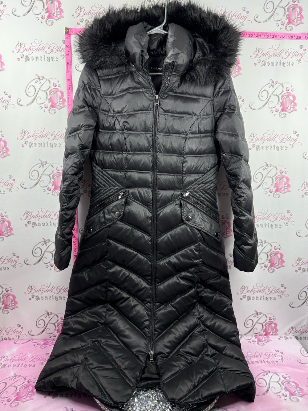 bebe coat jacket Black Long Quilted Puffer Coat with Faux Fur Trimmed Hood